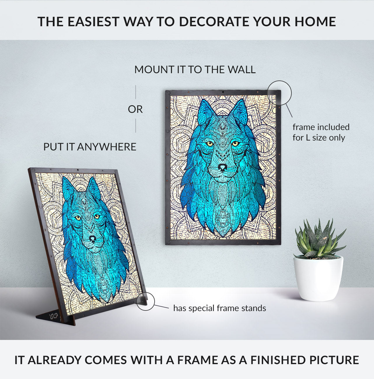 Wolf Shaped Jigsaw Piecezz Wooden Puzzle, Large Size, 250 Pieces, Animal Shaped Puzzles (10*13*2 in) or (25*33*5 cm)