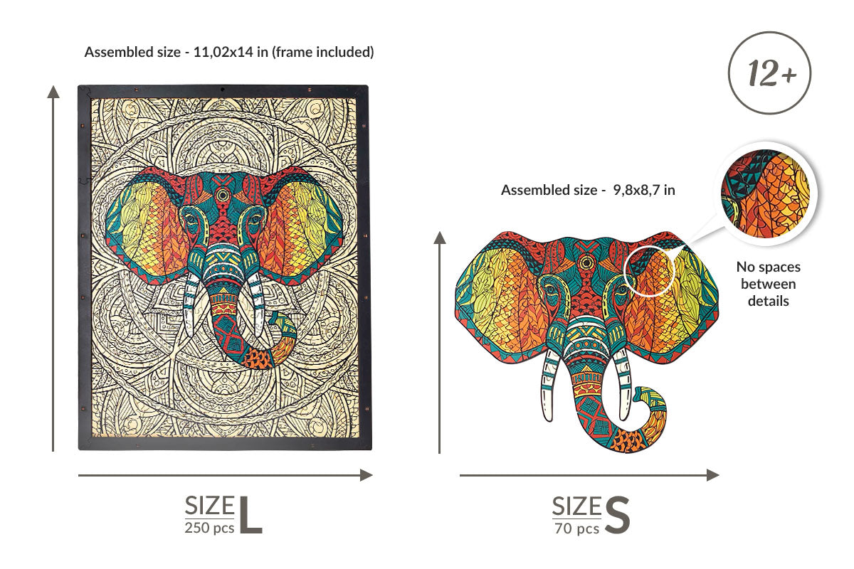 Elephant Shaped Jigsaw Piecezz Wooden Puzzle, Large Size, 250 Pieces, Animal Shaped Puzzles (10*13*2 in) or (25*33*5 cm)