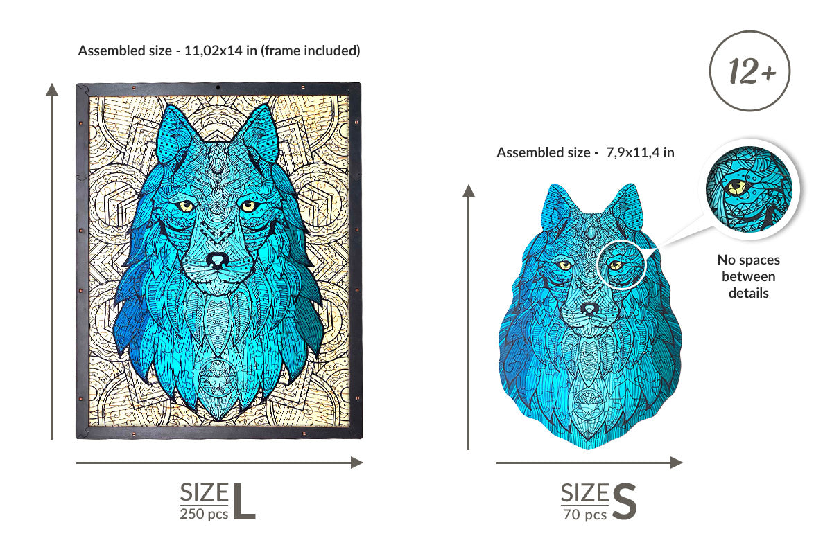 Wolf Shaped Jigsaw Piecezz Wooden Puzzle, Large Size, 250 Pieces, Animal Shaped Puzzles (10*13*2 in) or (25*33*5 cm)