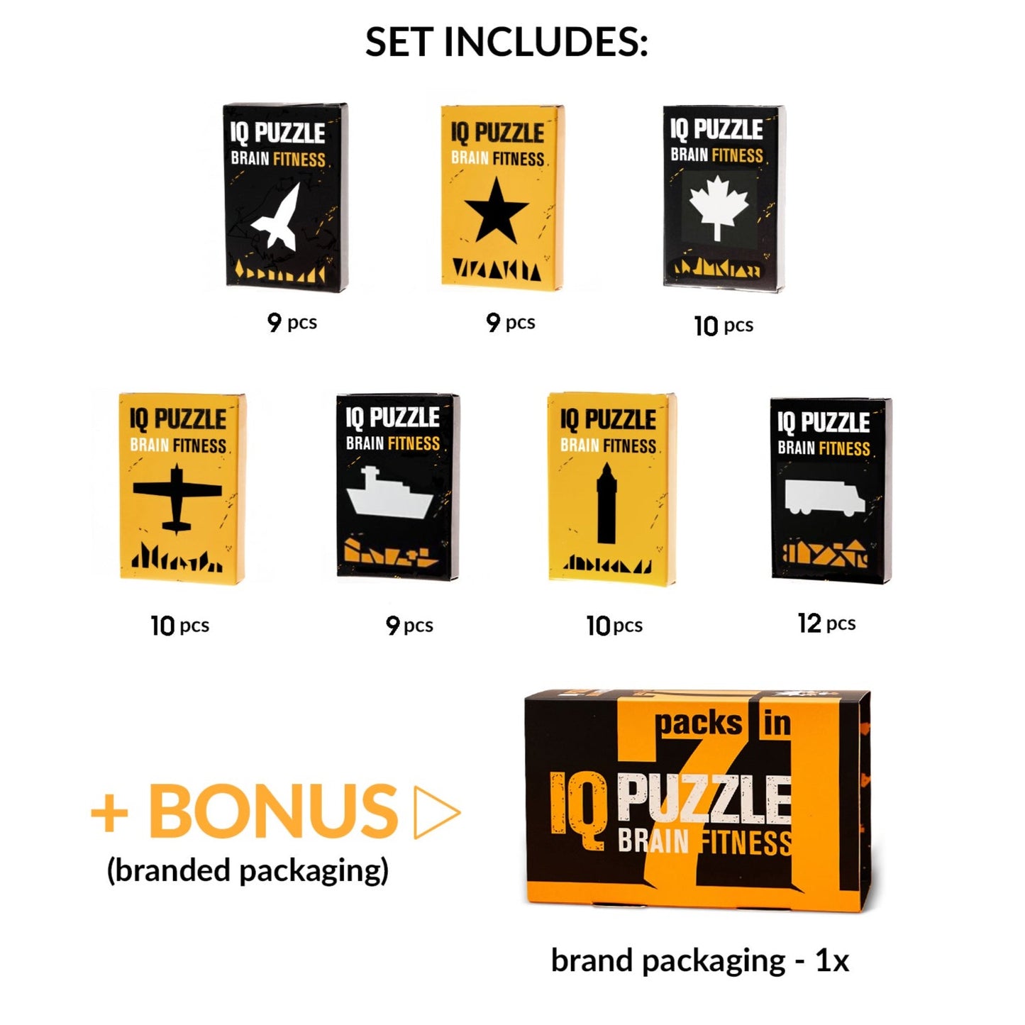 IQ Puzzle Set of 7 - Small Advance Set (Rocket,Star,Maple Leaf,Plane,Ship,Big ben,Truck)