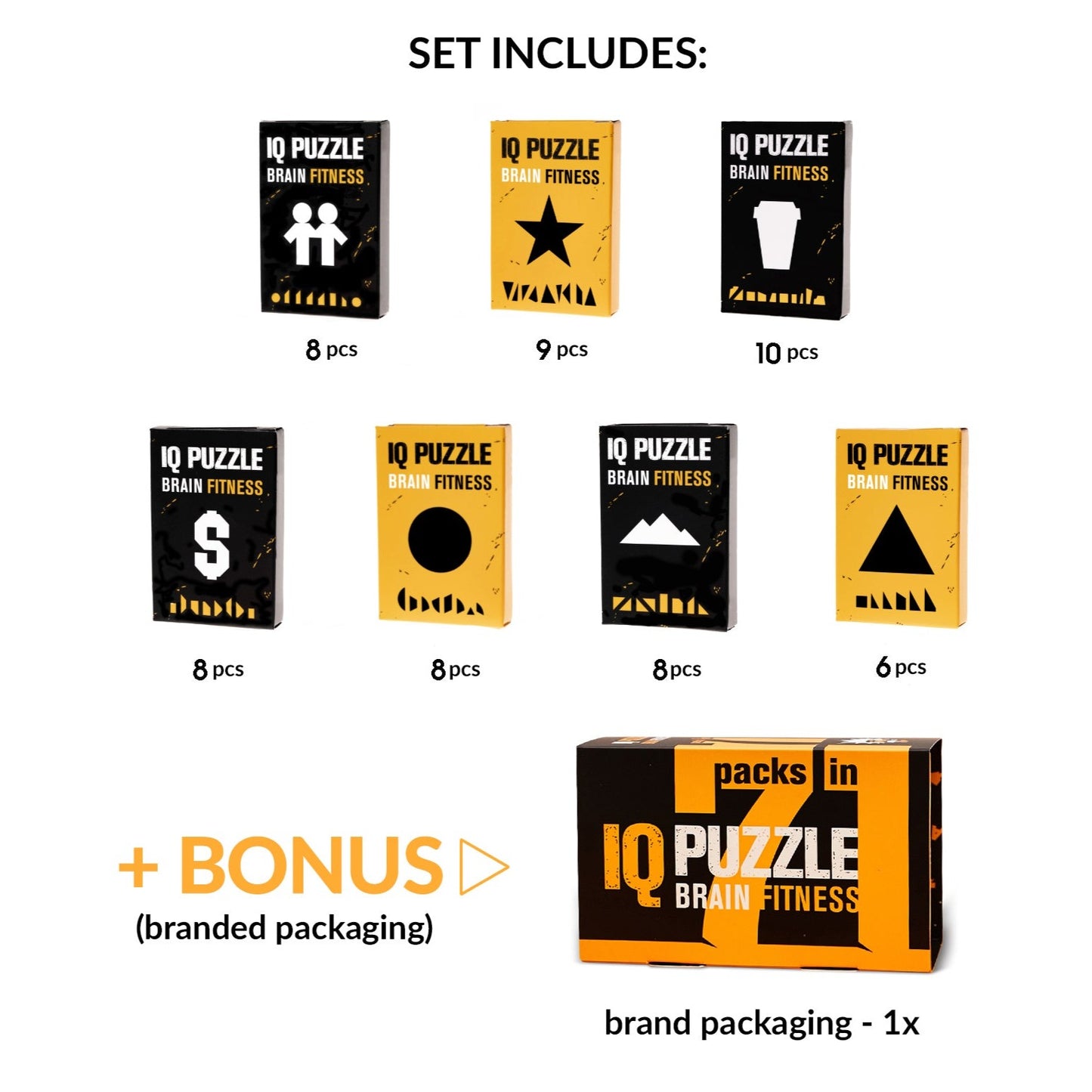 IQ Puzzle Set of 7 - Mix of Themes (Coffee, Circle, Triangle, Pyramid, Star, Twins, Dollar)