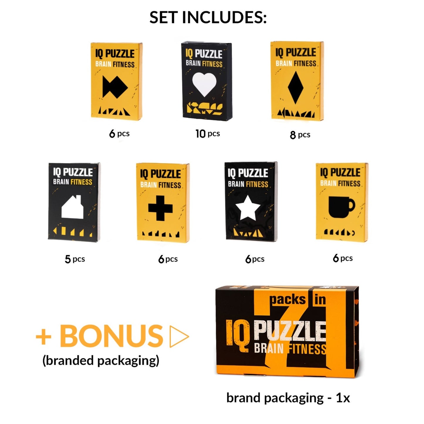 IQ Puzzle Set of 7 - Intermediate (Fish, Heart, Rhombus, House, Plus, Star, Cup)