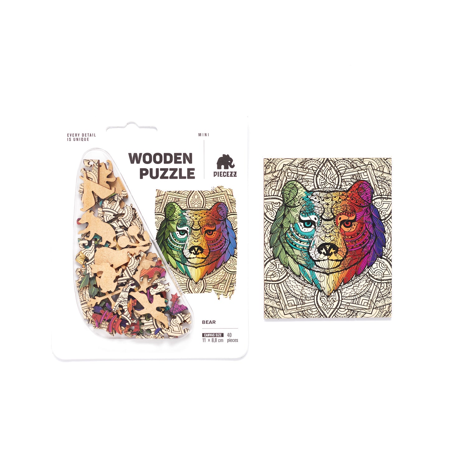 Bear Shaped Pocket Size Wooden Piecezz Puzzle, Animal Shaped Puzzle,( 5x7x 0.5 in)