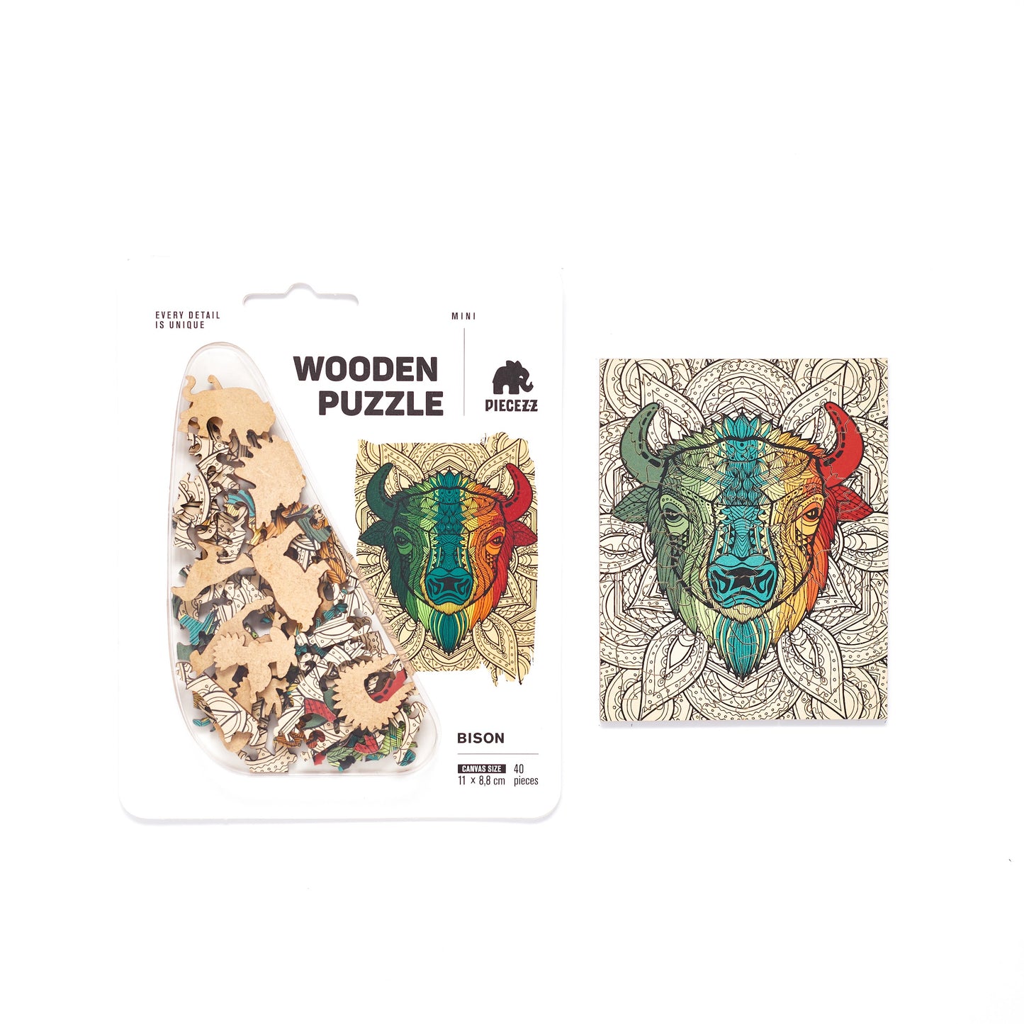 Pocket Size Bison Shaped Piecezz Wooden Puzzle, Animal Shaped Puzzle, 5x7x 0.5 in