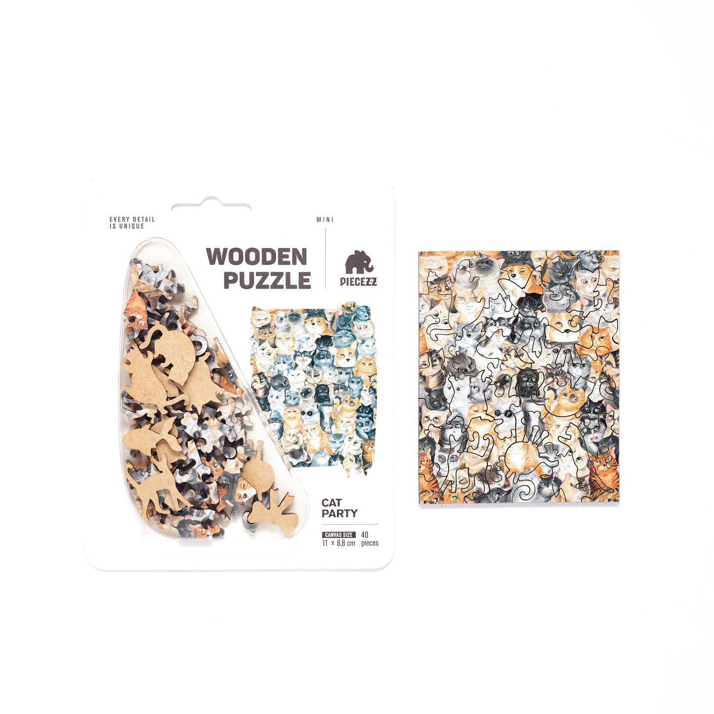 Cat Party Pocket Size Piecezz Wooden Puzzle, Animal Shaped Puzzle (5x7x 0.5 in)