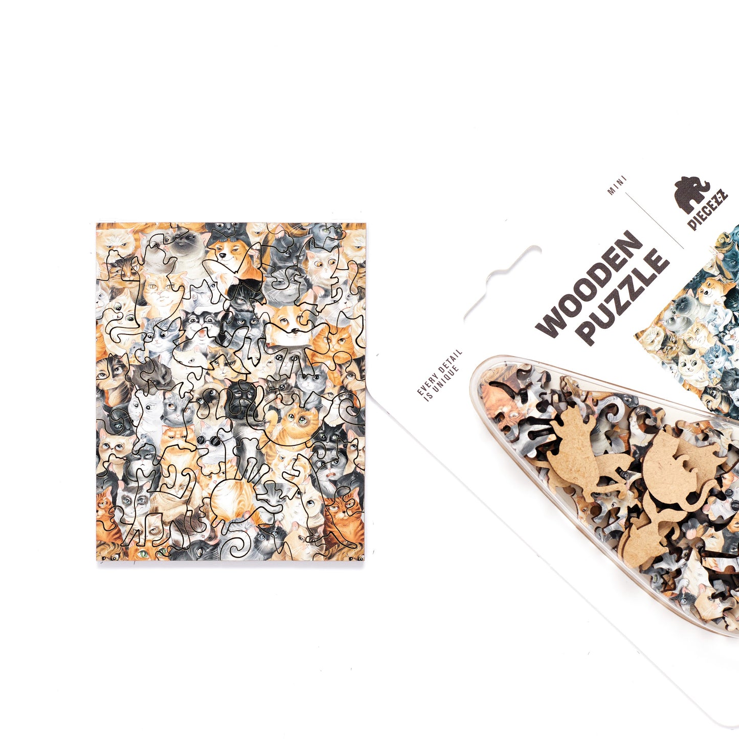 Cat Party Pocket Size Piecezz Wooden Puzzle, Animal Shaped Puzzle (5x7x 0.5 in)
