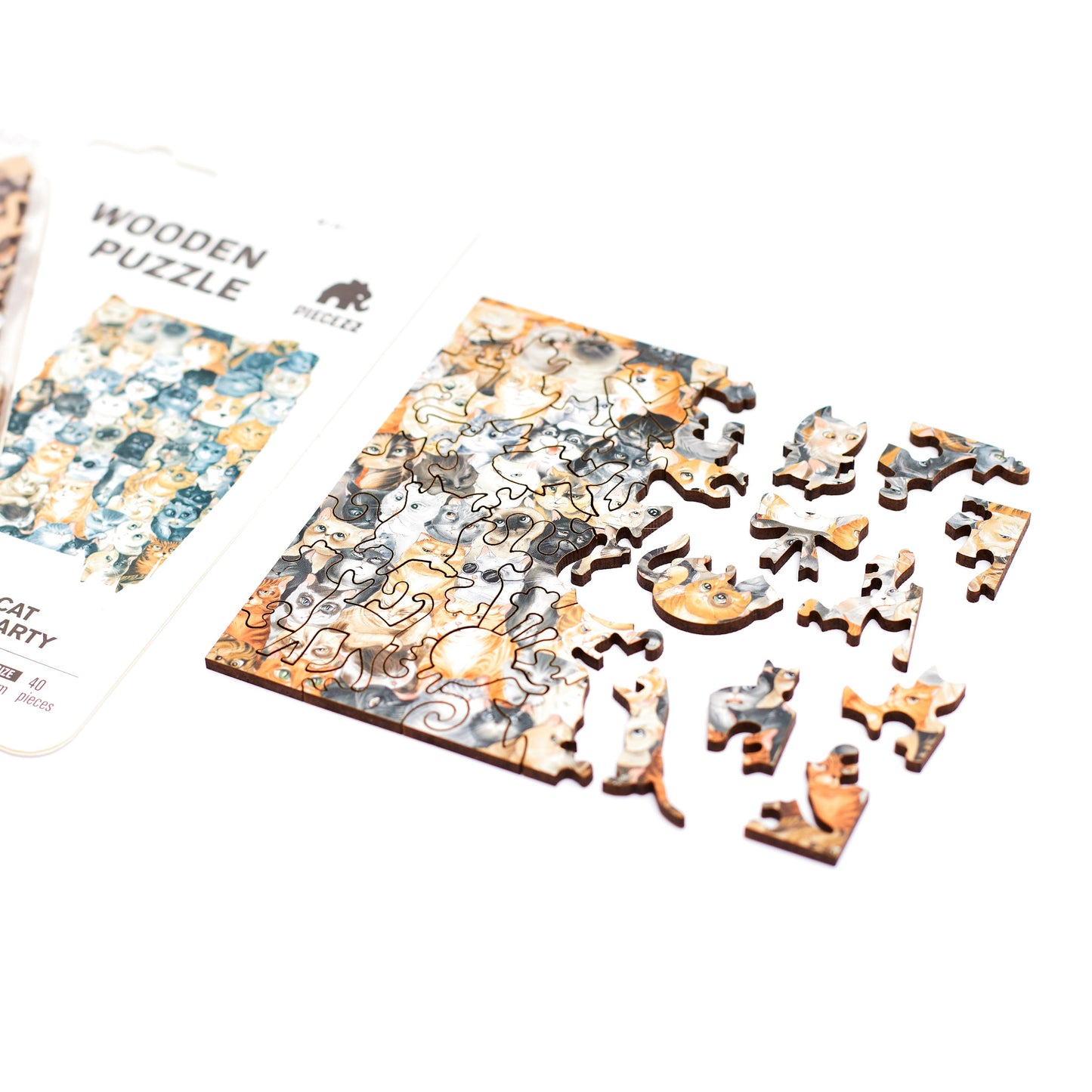 Cat Party Pocket Size Piecezz Wooden Puzzle, Animal Shaped Puzzle (5x7x 0.5 in)