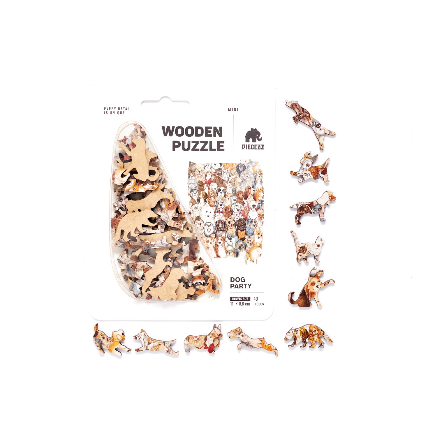 Dog Party Pocket Size Piecezz Wooden Puzzle, Animal Shaped Puzzle (5x7x 0.5 in)