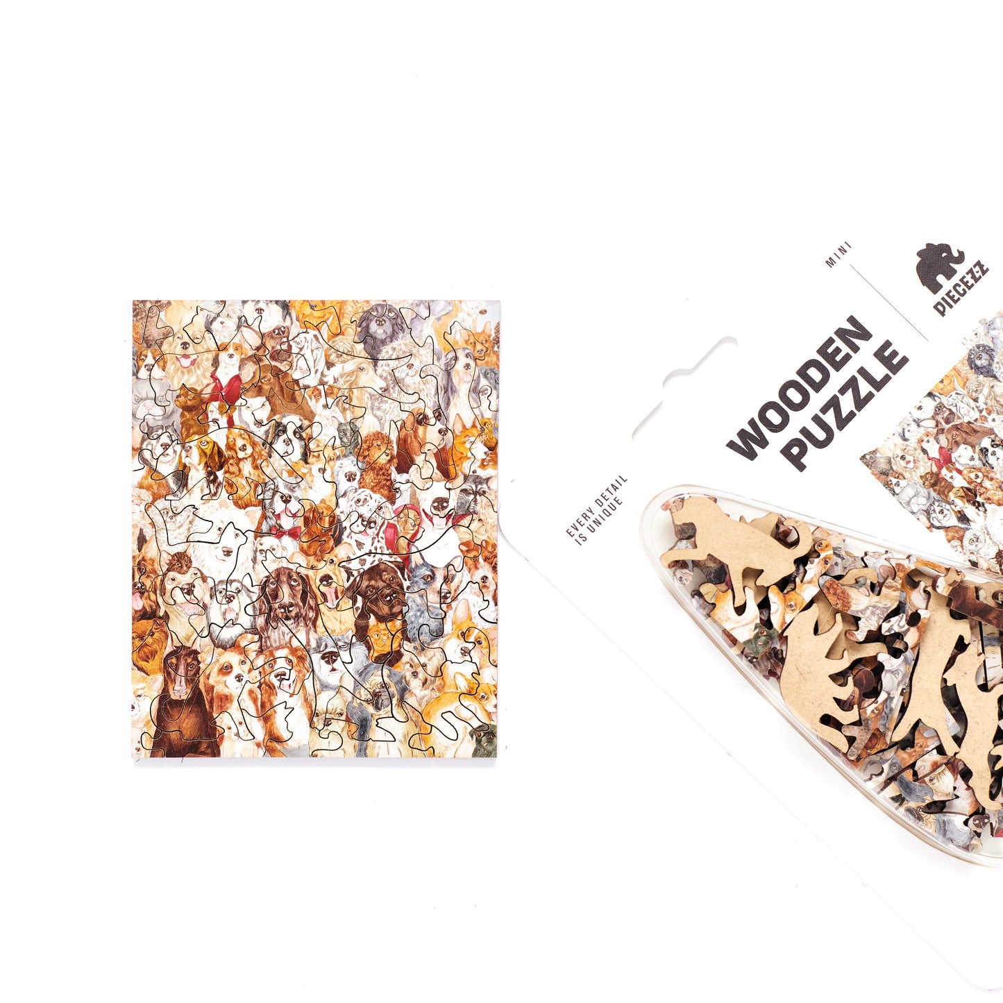 Dog Party Pocket Size Piecezz Wooden Puzzle, Animal Shaped Puzzle (5x7x 0.5 in)