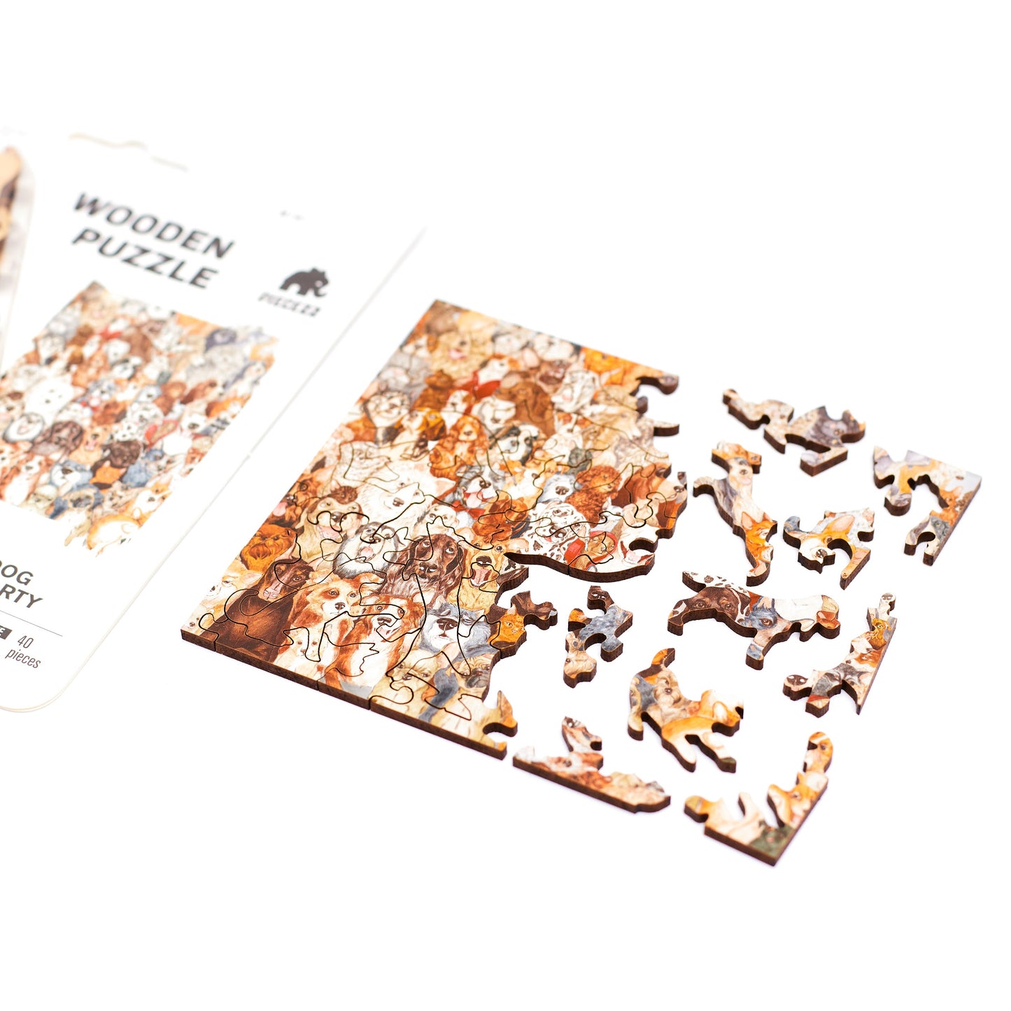 Dog Party Pocket Size Piecezz Wooden Puzzle, Animal Shaped Puzzle (5x7x 0.5 in)