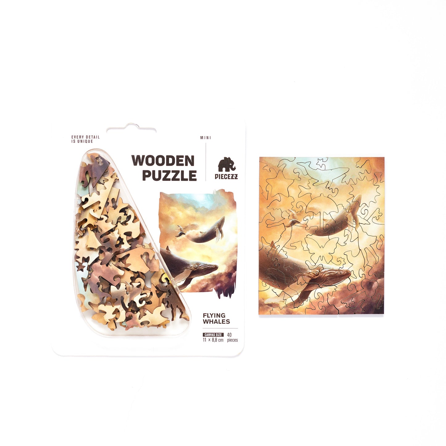 Flying Whales Pocket Size Piecezz Wooden Puzzle, Animal Shaped Puzzle (5x7x 0.5 in)