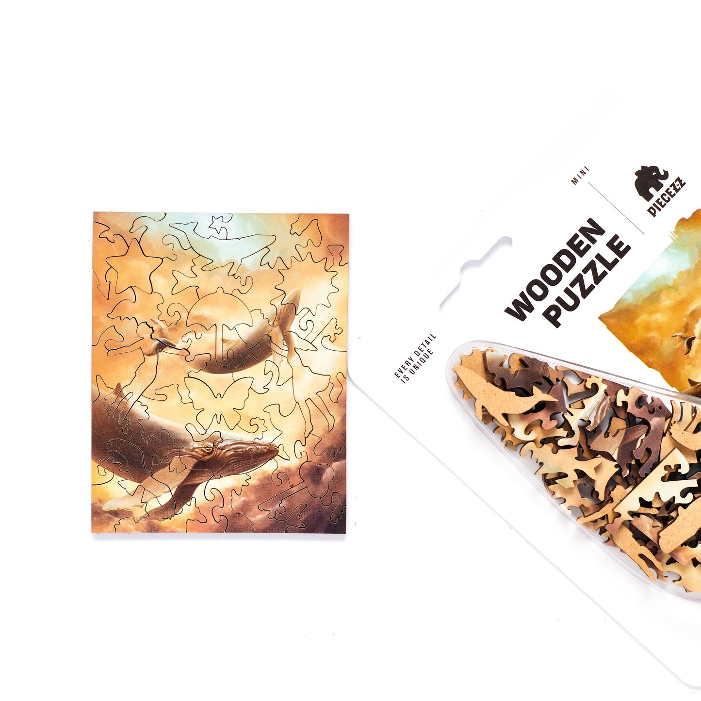 Flying Whales Pocket Size Piecezz Wooden Puzzle, Animal Shaped Puzzle (5x7x 0.5 in)