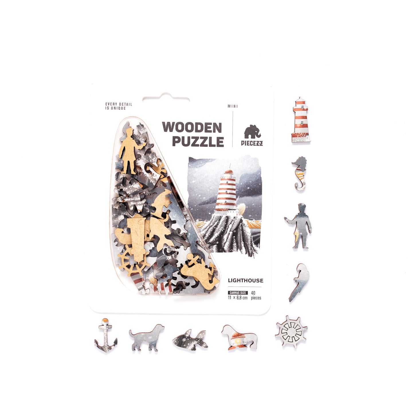 Lighthouse Pocket Size Piecezz Wooden Puzzle, Animal Shaped Puzzle (5x7x 0.5 in)