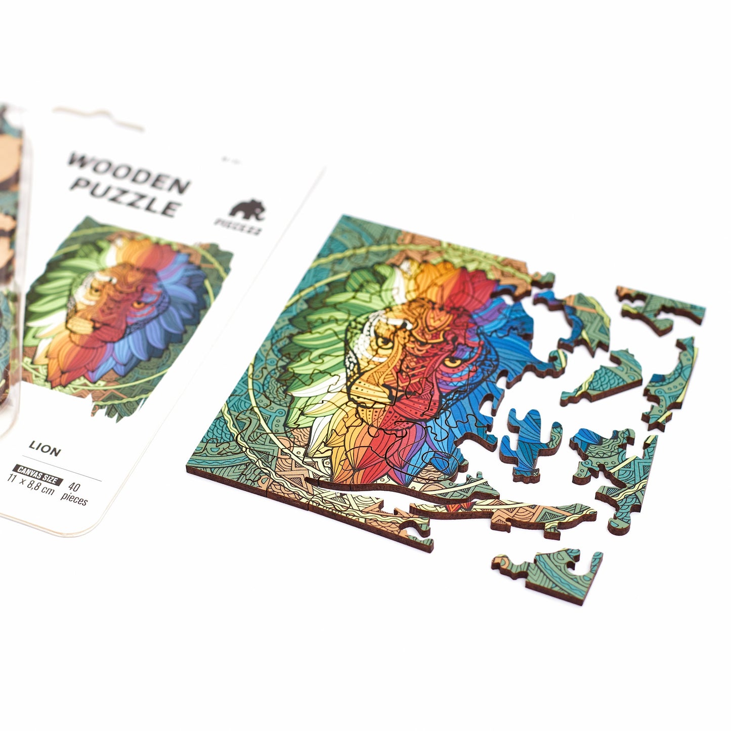 Lion Shaped Pocket Size Piecezz Wooden Puzzle, Animal Shaped Puzzle (5x7x 0.5 in)