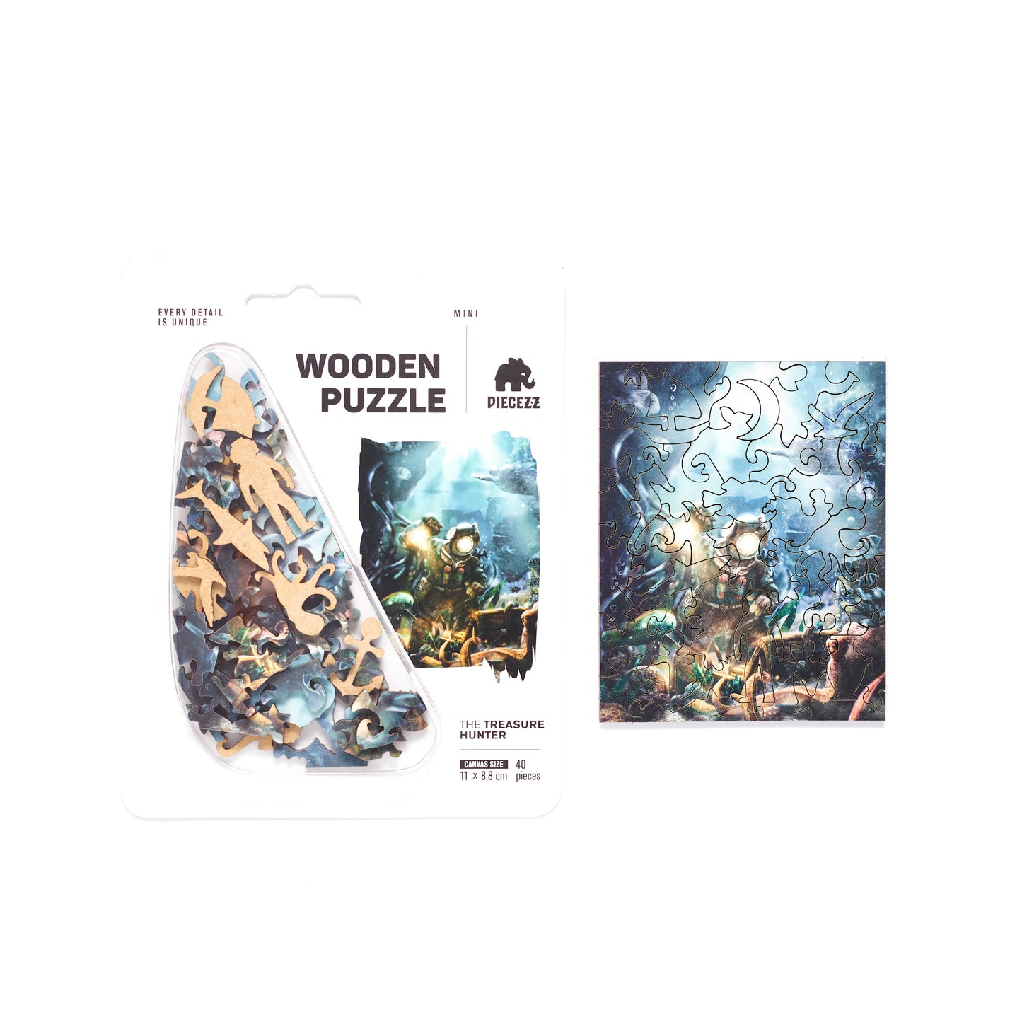 Treasure Hunter Pocket Size Piecezz Wooden Puzzle, Animal Shaped Puzzle (5x7x 0.5 in)