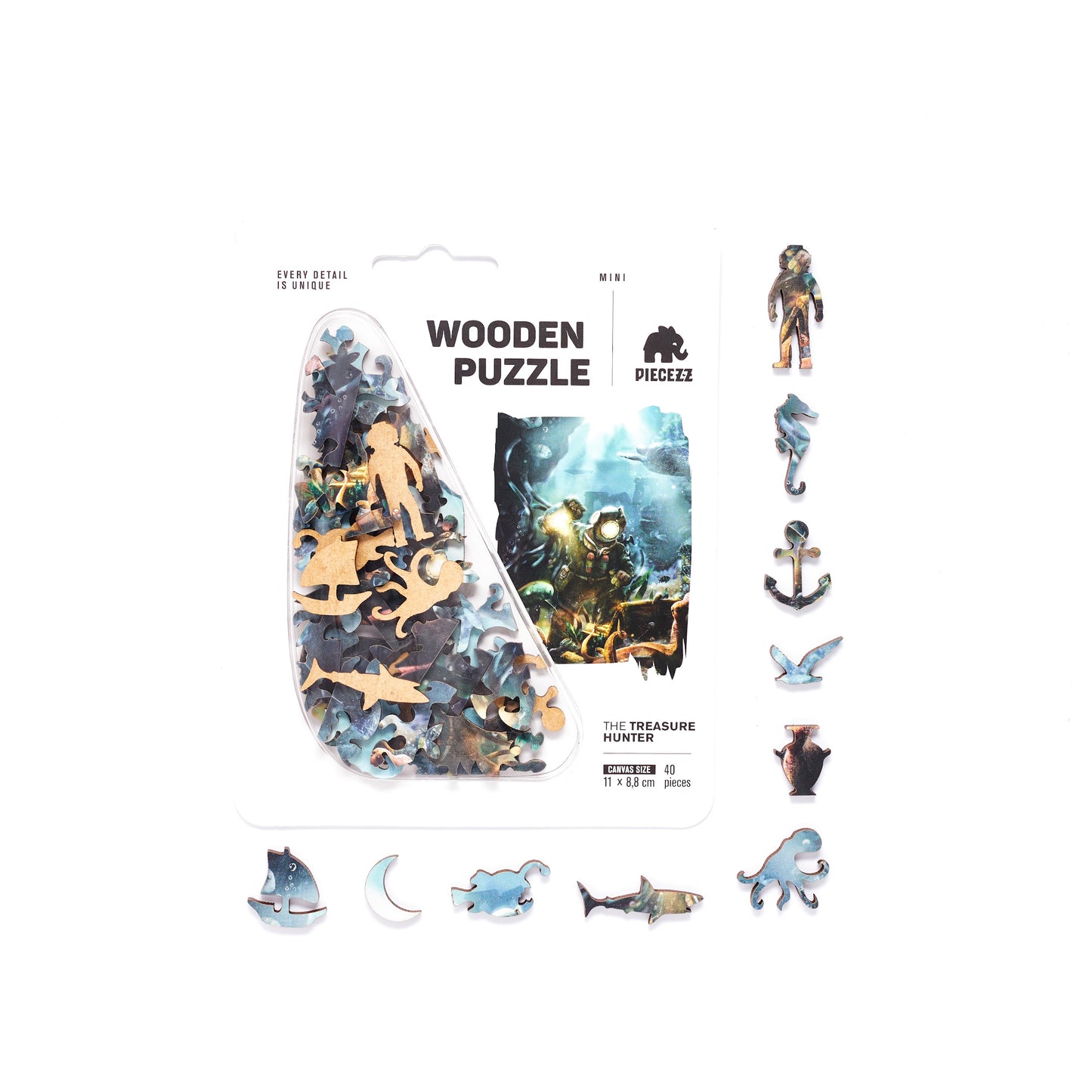 Treasure Hunter Pocket Size Piecezz Wooden Puzzle, Animal Shaped Puzzle (5x7x 0.5 in)