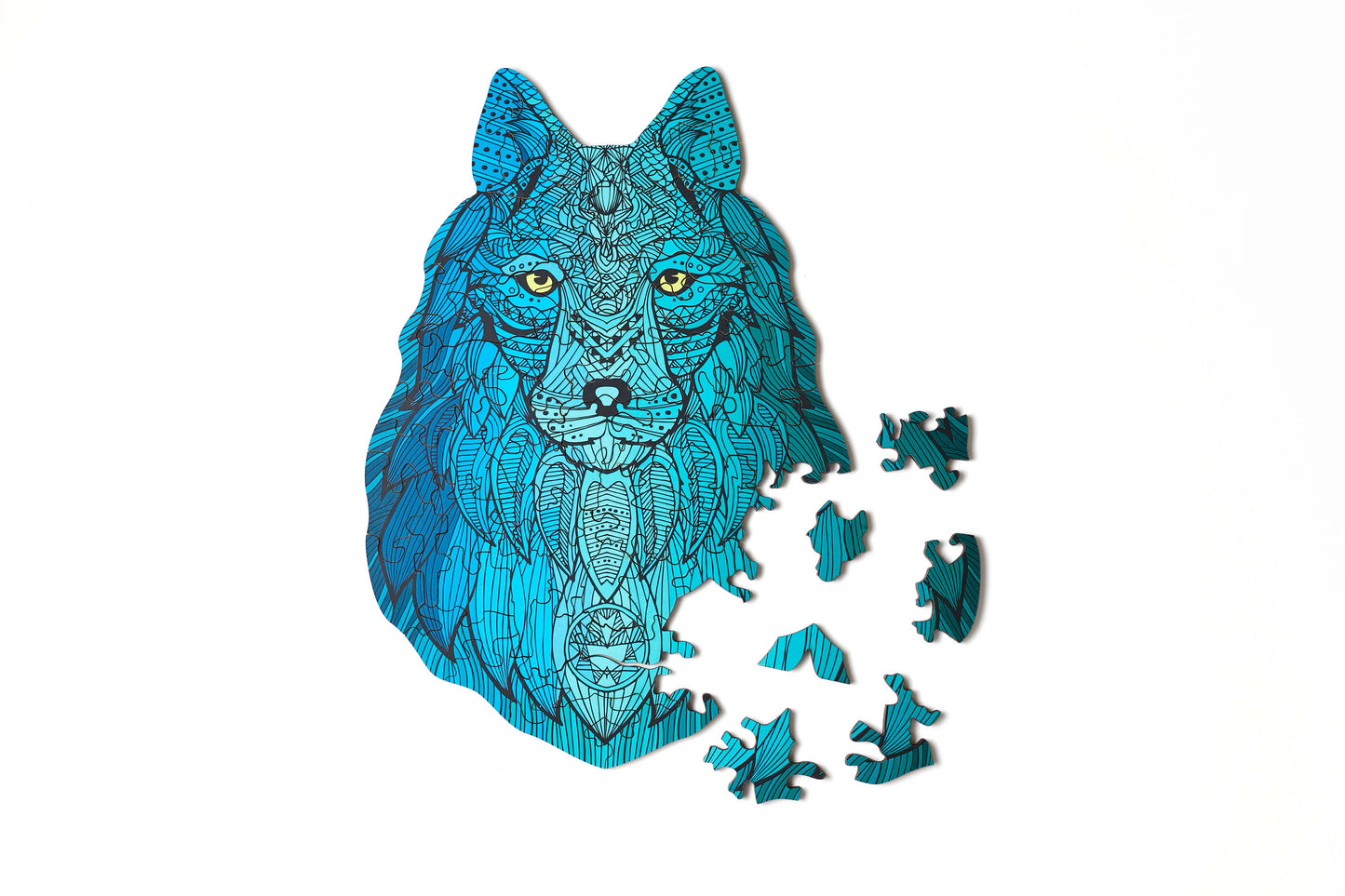 Wolf Shaped Jigsaw Pieces Wooden Puzzle, 70 Pieces, Small Size Puzzles - (15x15x5 cm) or (6x6x2 in), Animal Shaped Puzzle