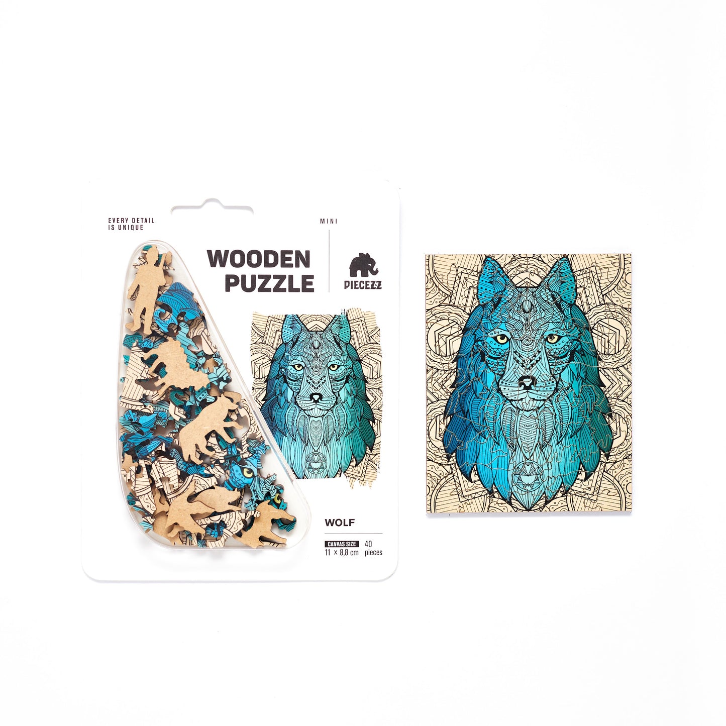 Wolf Shaped Pocket Size Piecezz Wooden Puzzle, Animal Shaped Puzzle, (5x7x 0.5 in)