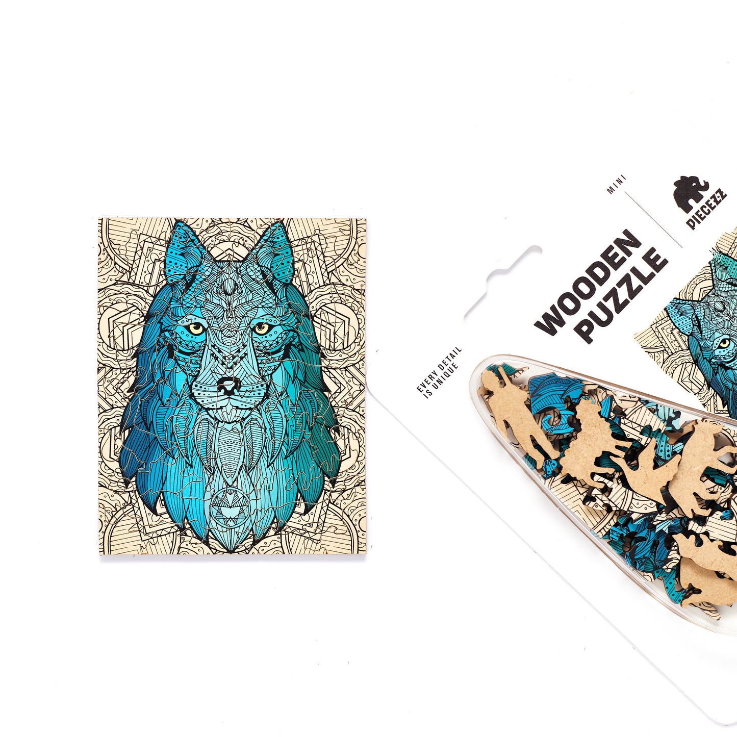 Wolf Shaped Pocket Size Piecezz Wooden Puzzle, Animal Shaped Puzzle, (5x7x 0.5 in)