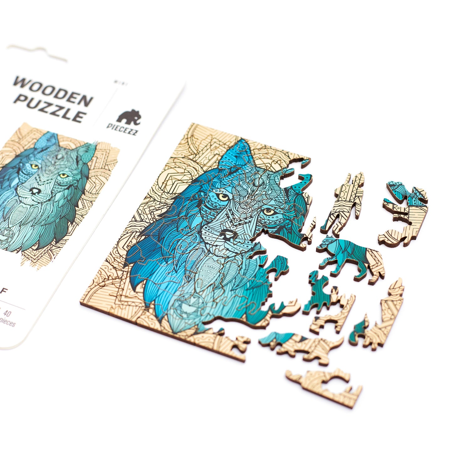 Wolf Shaped Pocket Size Piecezz Wooden Puzzle, Animal Shaped Puzzle, (5x7x 0.5 in)