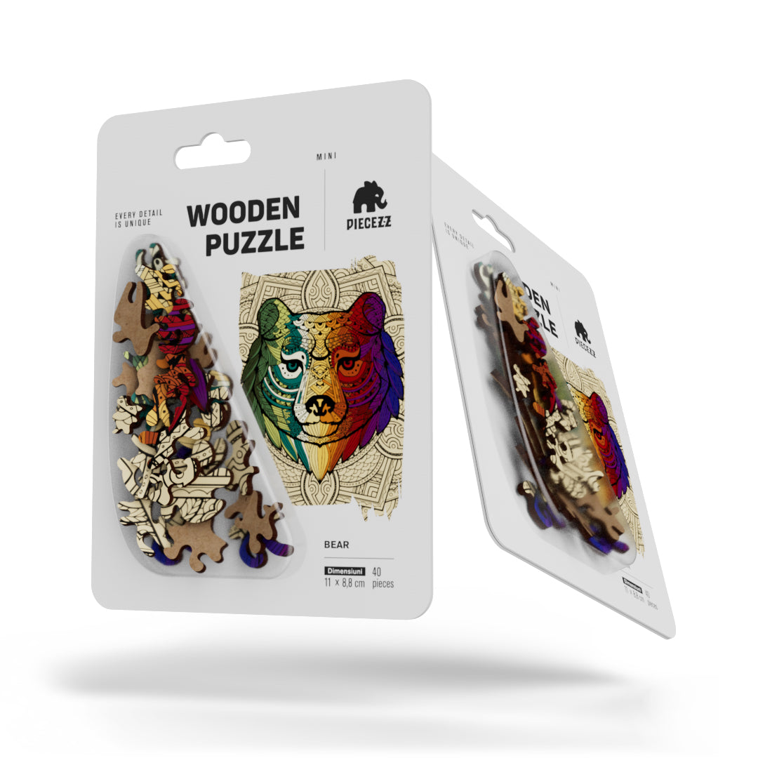 Bear Shaped Pocket Size Wooden Piecezz Puzzle, Animal Shaped Puzzle,( 5x7x 0.5 in)