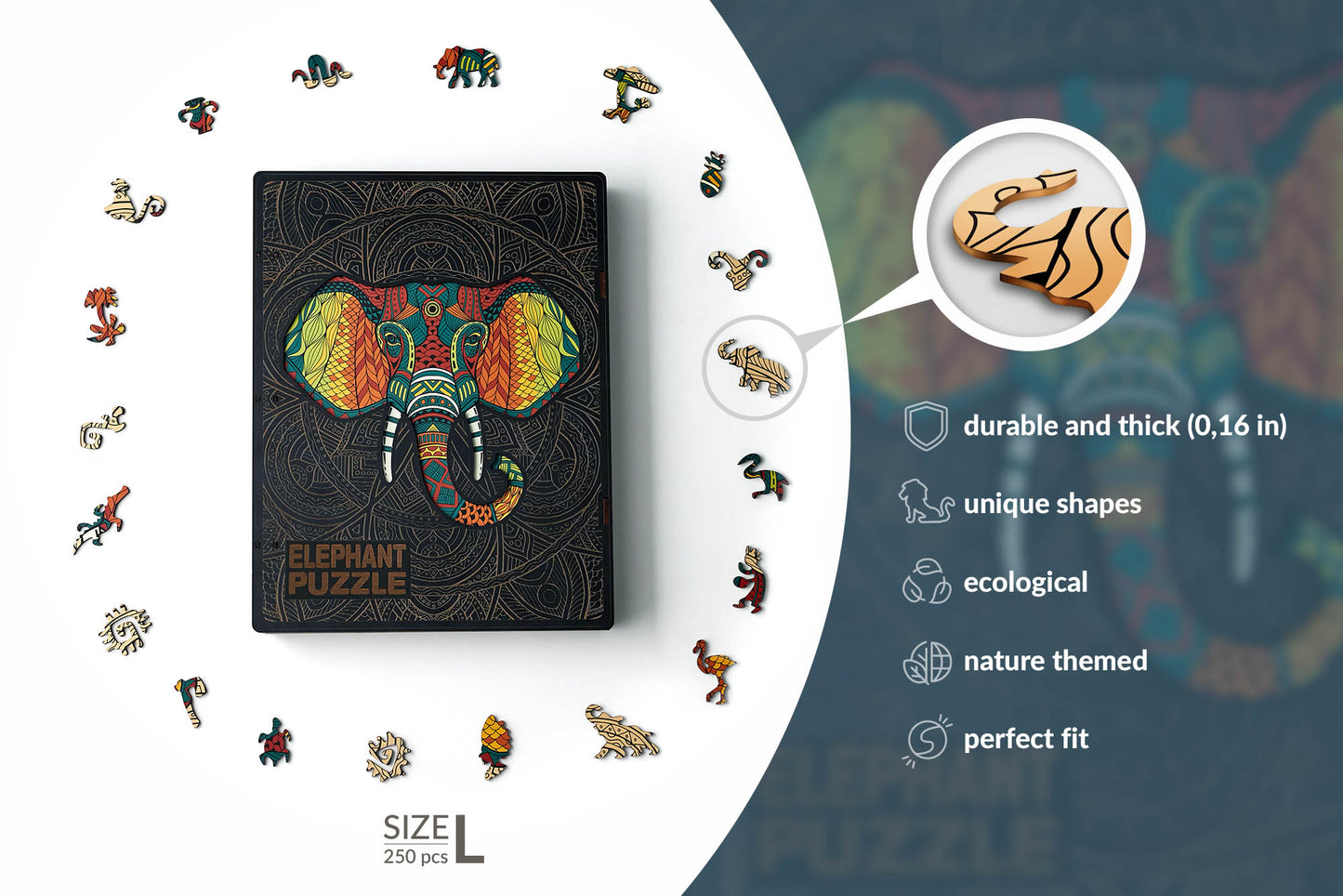 Elephant Wooden Puzzle, Elephant Jigsaw Piecezz Puzzle, Large Size, 250 Pieces (10*13*2 in) or (25*33*5 cm)