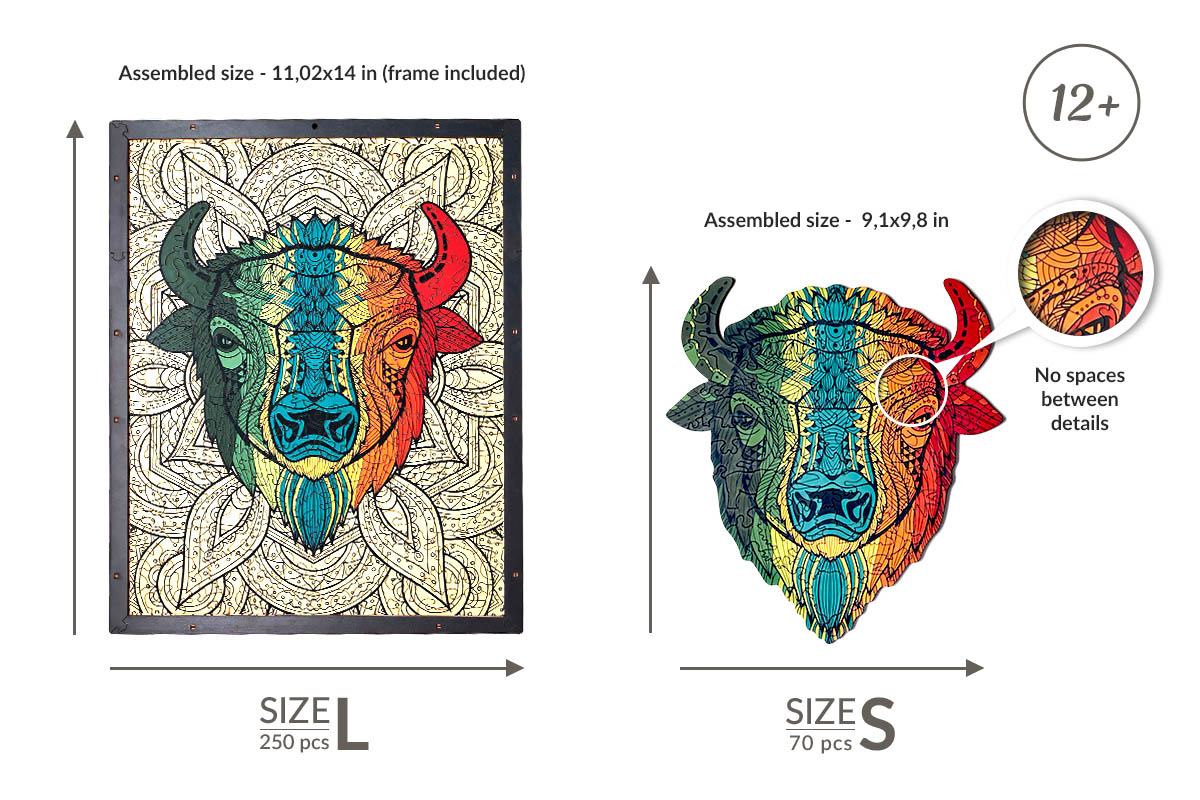 Bison Shaped Jigsaw Piecezz Wooden Puzzle, Large Size, 250 Pieces, Animal Shaped Puzzles (10*13*2 in)