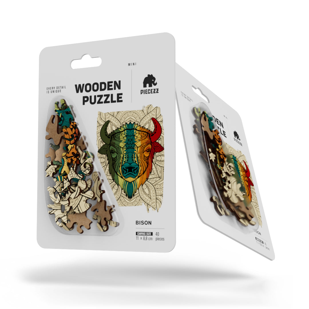 Pocket Size Bison Shaped Piecezz Wooden Puzzle, Animal Shaped Puzzle, 5x7x 0.5 in