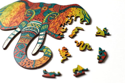 Elephant Shaped Jigsaw Pieces Wooden Puzzle, 70 Pieces, Small Size Mosaic Puzzles - (15x15x5 cm) or (6x6x2 in), Animal Shaped Puzzles,