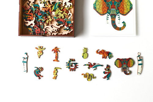 Elephant Shaped Jigsaw Pieces Wooden Puzzle, 70 Pieces, Small Size Mosaic Puzzles - (15x15x5 cm) or (6x6x2 in), Animal Shaped Puzzles,