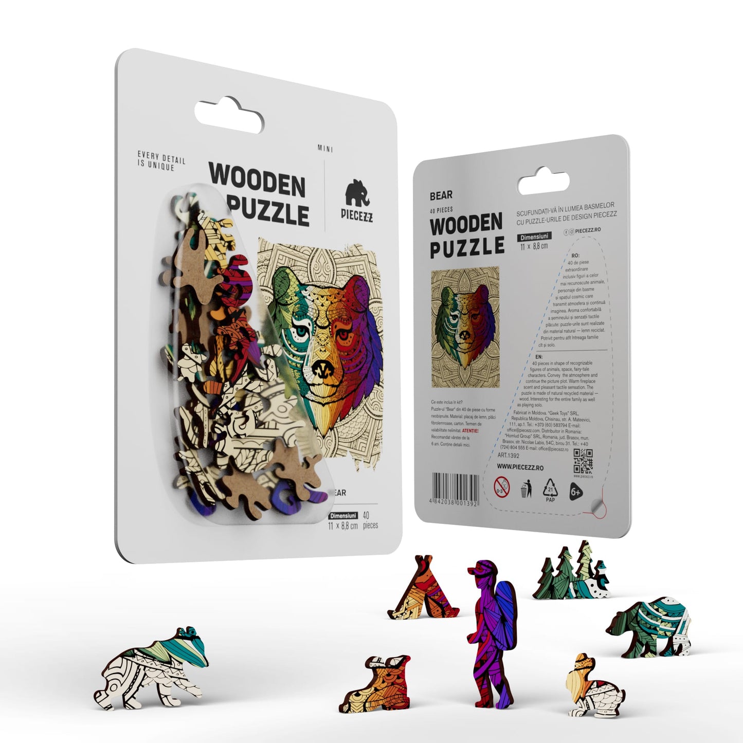 Bear Shaped Pocket Size Wooden Piecezz Puzzle, Animal Shaped Puzzle,( 5x7x 0.5 in)