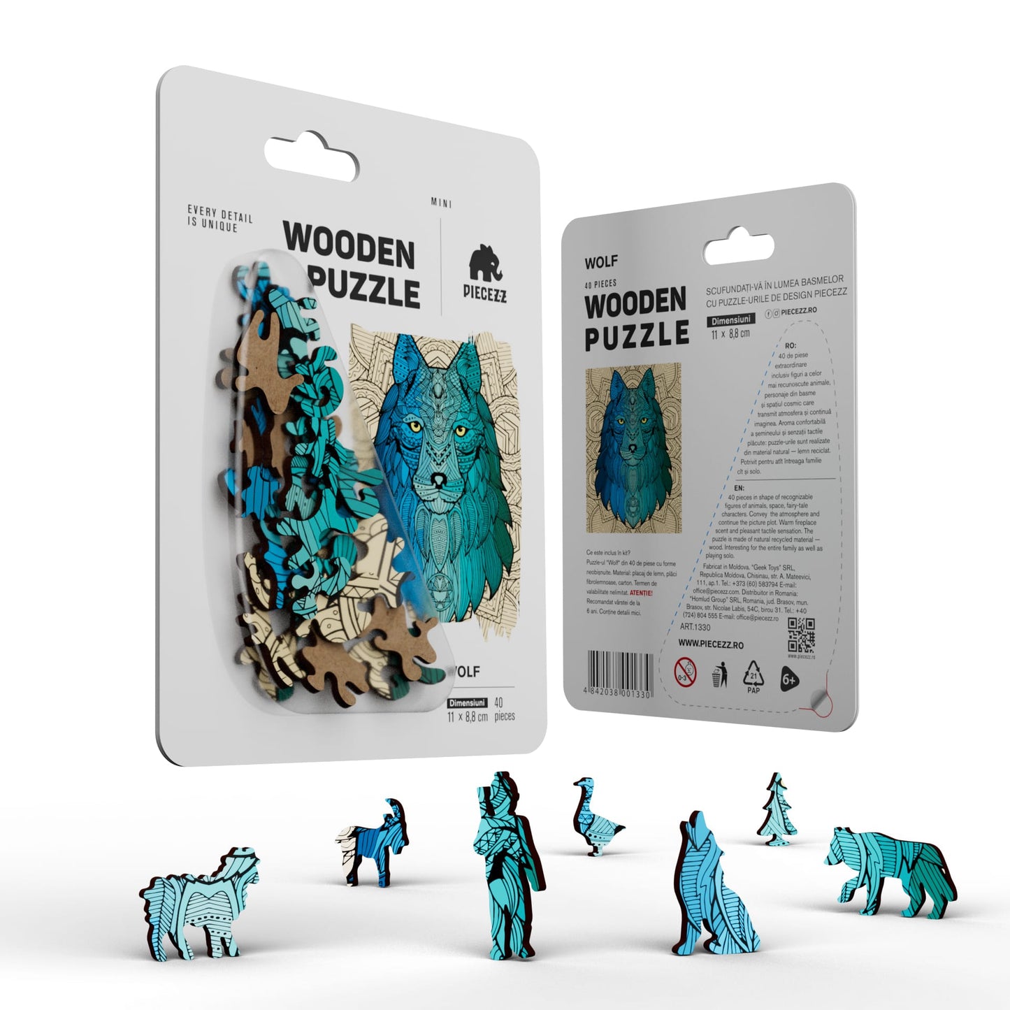 Wolf Shaped Pocket Size Piecezz Wooden Puzzle, Animal Shaped Puzzle, (5x7x 0.5 in)