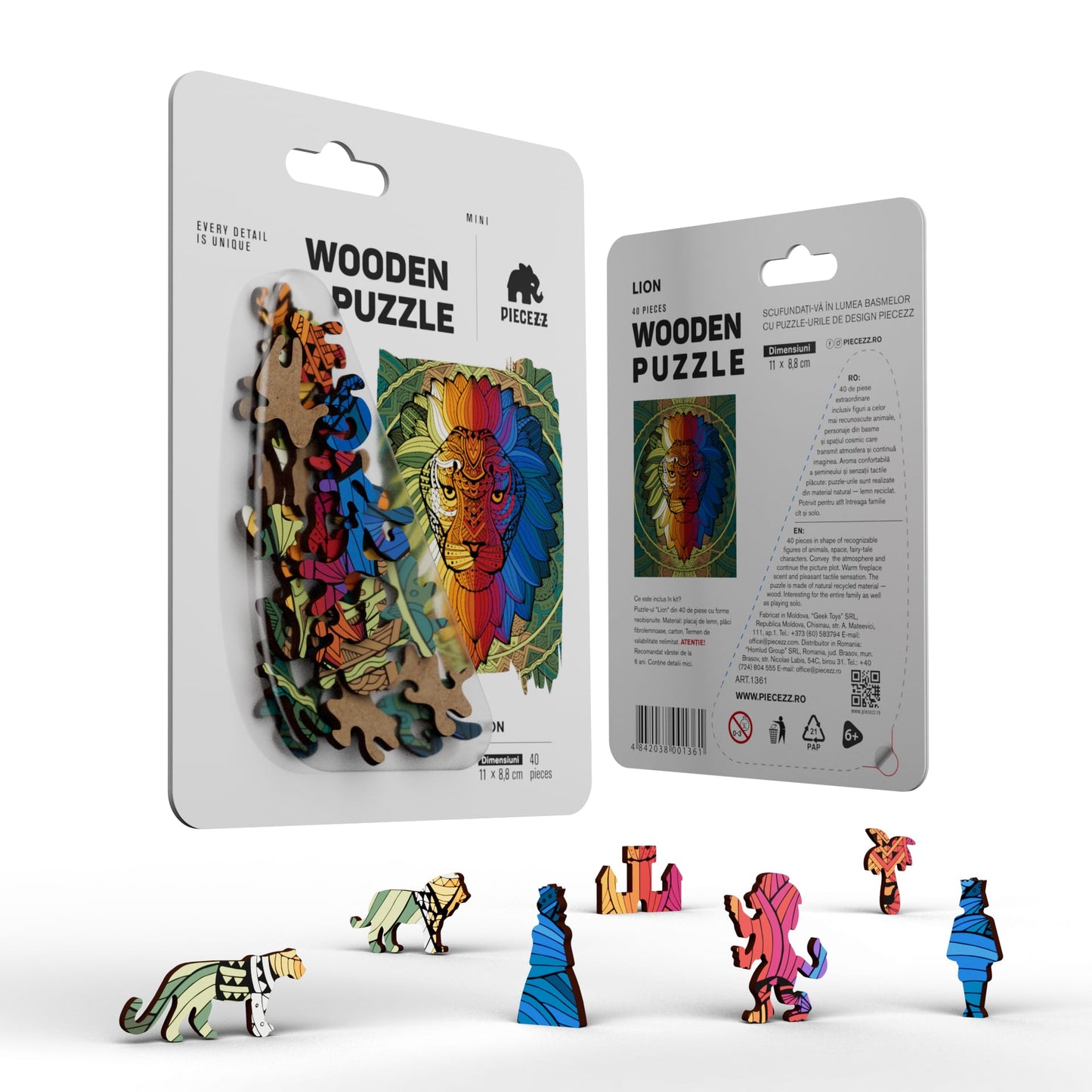 Lion Shaped Pocket Size Piecezz Wooden Puzzle, Animal Shaped Puzzle (5x7x 0.5 in)