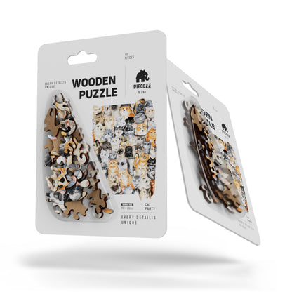 Cat Party Pocket Size Piecezz Wooden Puzzle, Animal Shaped Puzzle (5x7x 0.5 in)