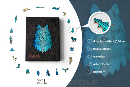 Wolf Shaped Jigsaw Piecezz Wooden Puzzle, Large Size, 250 Pieces, Animal Shaped Puzzles (10*13*2 in) or (25*33*5 cm)