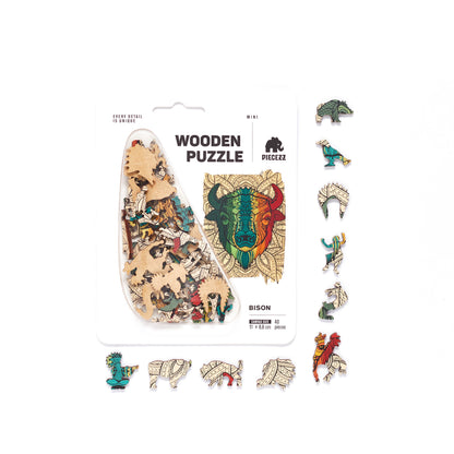 Pocket Size Bison Shaped Piecezz Wooden Puzzle, Animal Shaped Puzzle, 5x7x 0.5 in