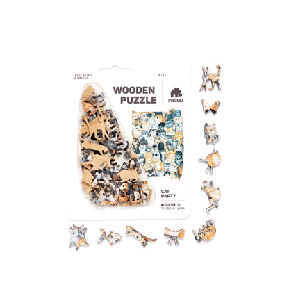 Cat Party Pocket Size Piecezz Wooden Puzzle, Animal Shaped Puzzle (5x7x 0.5 in)
