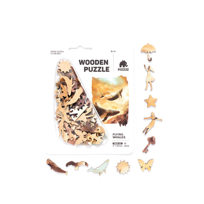 Flying Whales Pocket Size Piecezz Wooden Puzzle, Animal Shaped Puzzle (5x7x 0.5 in)