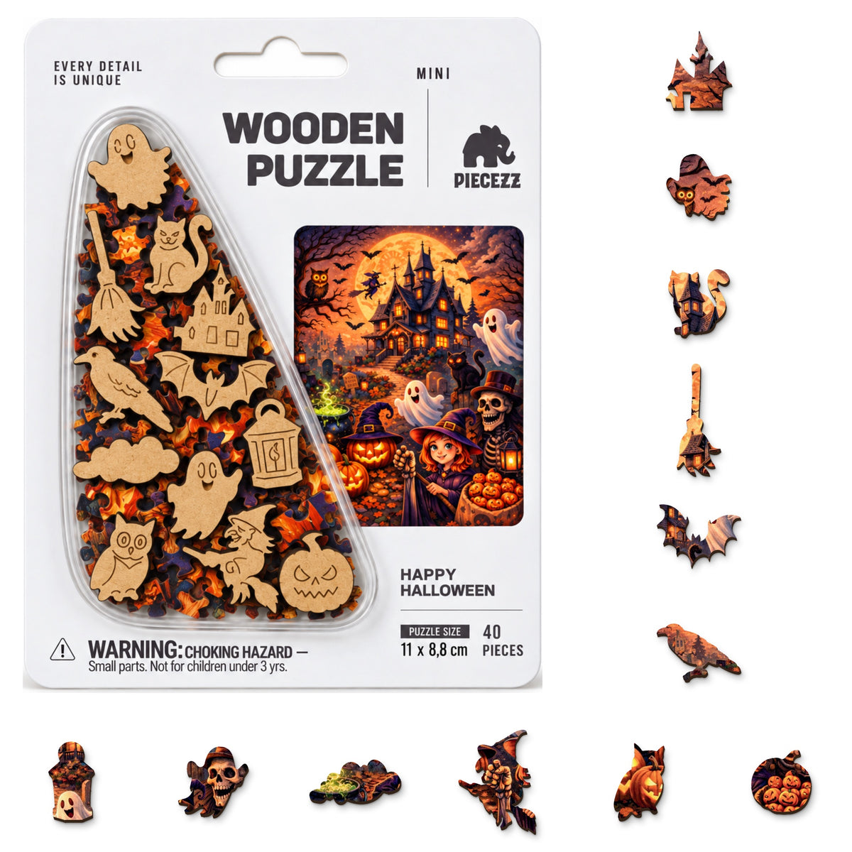 Happy Halloween Mini Piecezz Wooden Puzzle, Halloween Jigsaw Puzzle