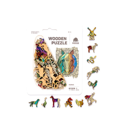 Horse Pocket Size Piecezz Wooden Puzzle, Animal Shaped Puzzle (5x7x 0.5 in)