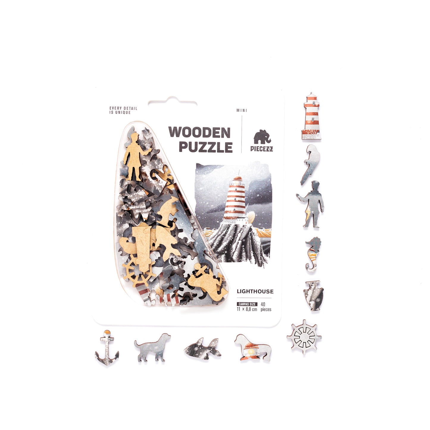 Lighthouse Pocket Size Piecezz Wooden Puzzle, Animal Shaped Puzzle (5x7x 0.5 in)
