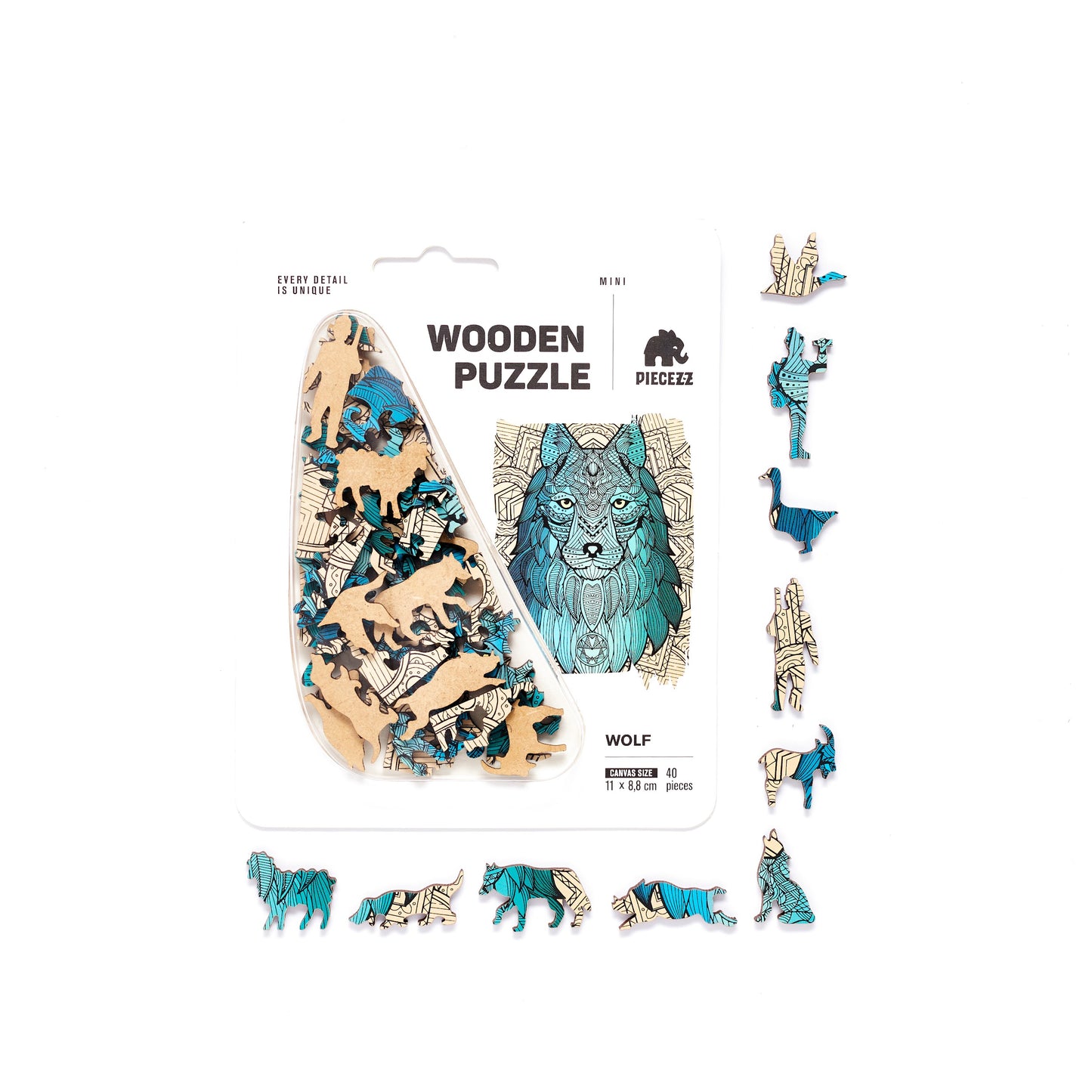 Wolf Shaped Pocket Size Piecezz Wooden Puzzle, Animal Shaped Puzzle, (5x7x 0.5 in)