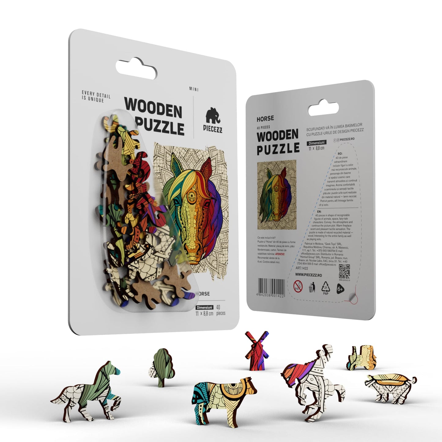 Horse Pocket Size Piecezz Wooden Puzzle, Animal Shaped Puzzle (5x7x 0.5 in)